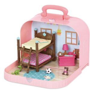 Дитячі іграшки; Ігровий набір Li'l Woodzeez Кейс рожевий (Двох'ярусне ліжко) з аксесуарами